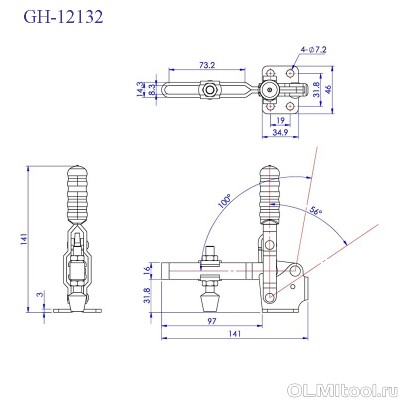 Зажим механический с вертикальной ручкой GH-12132, усилие 227 кг. Удлинённый Woodwork